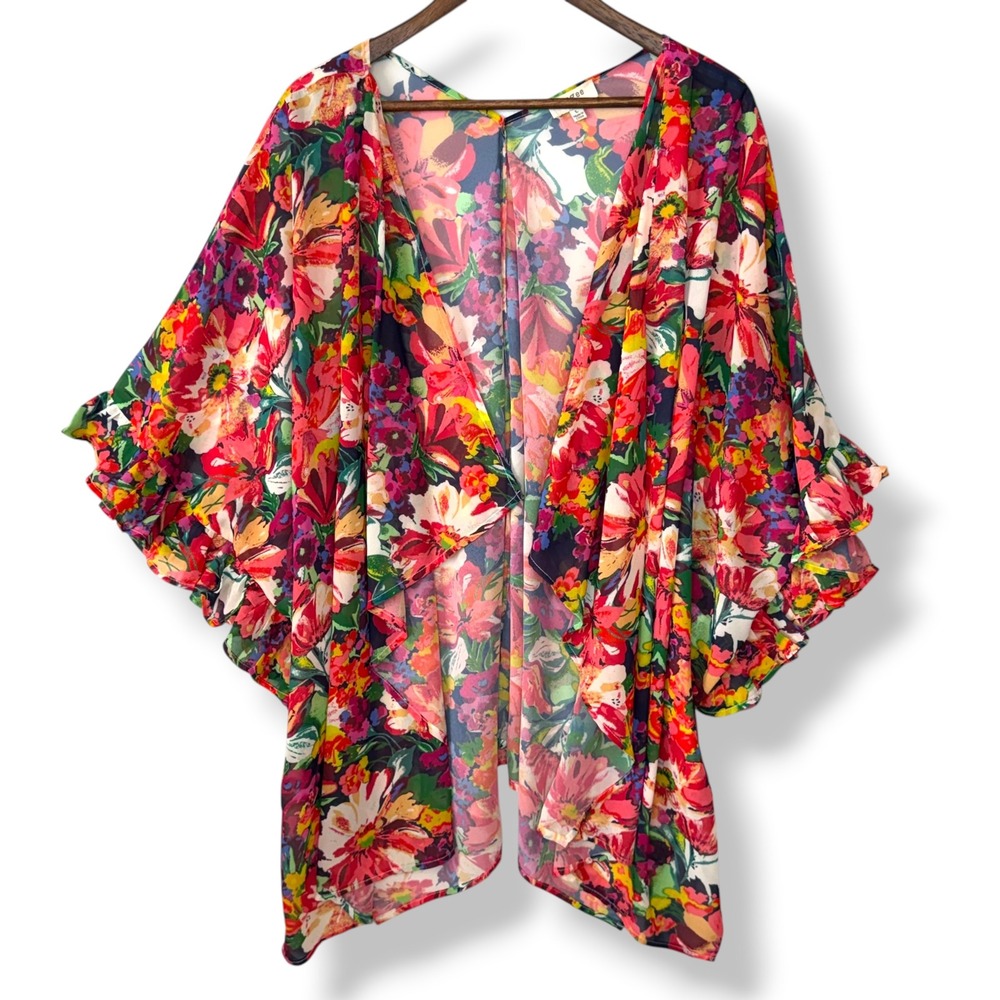 Umgee Kimono Cardigan L Multicolor Boho Floral Ruffle Sleeve Open Front Topper